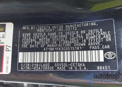 2012 Toyota Camry Xle V6 из США, поврежденный, VIN 4T1BK1FK3CU515181